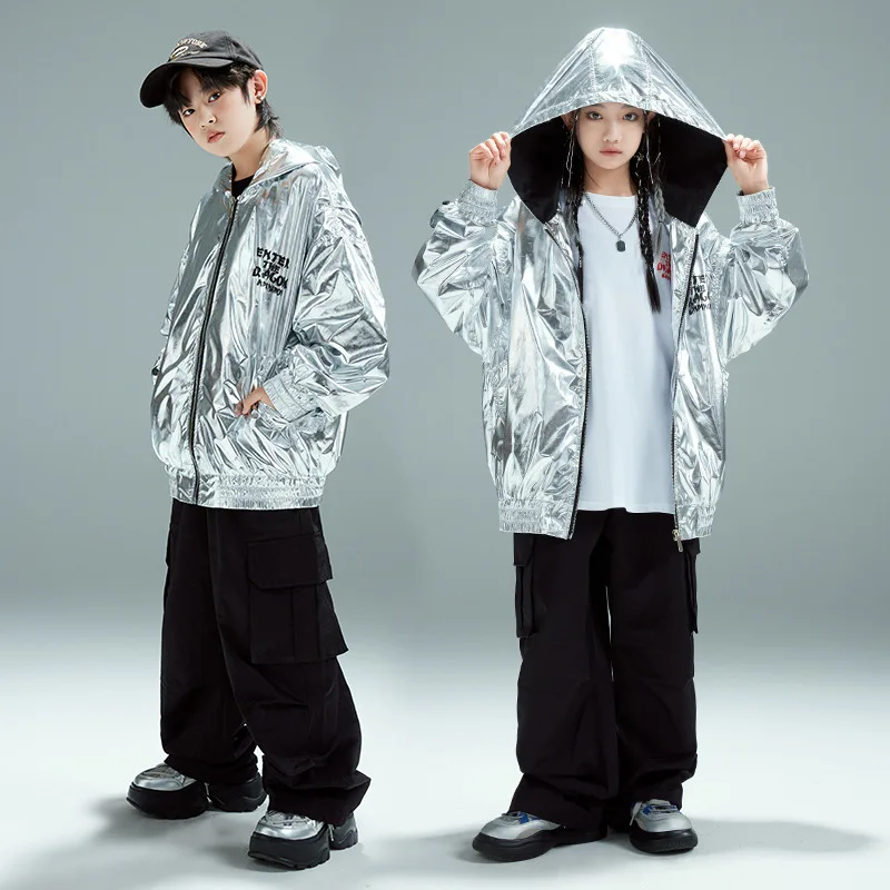 Hip-Hop Kinder Silber Kapuzenjacke Schwarze Hose Outfits Ballsaal Tanzkleidung Jungen Kpop Bühnenkleidung Mädchen Jazz Dance Kostüme
