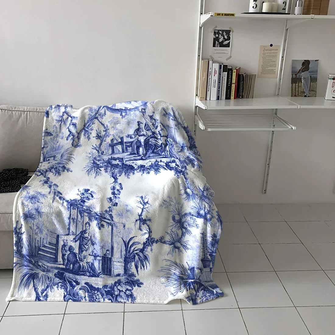 Ancient China Blue Willow Blanket Blue Chinoiserie Toile Throw Blankets Warm Microfiber Blanket Flannel Blankets for Couch Bed