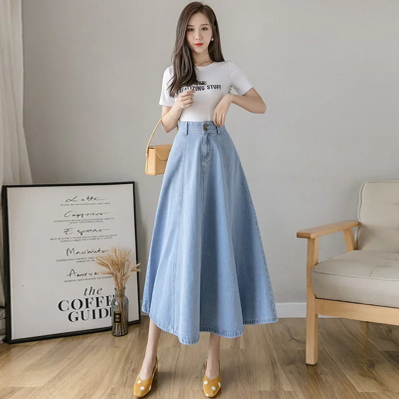 High-Waist Loose-fit Denim Skirts Medium-length Slimming Style Korean Version A-Line Wide Flare, Spring, Autumn New Fashion 2022