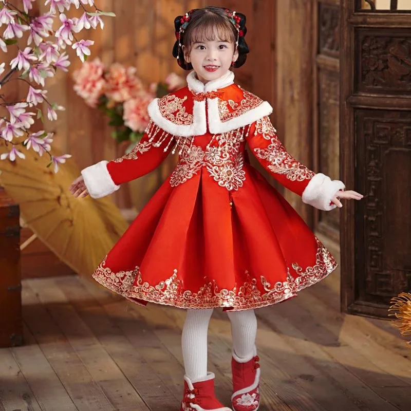 Chinese Spring Festival Hanfu Dress for Gilrs Winter Thicken Plus Velvet Fake Fur Red New Year Han Fu