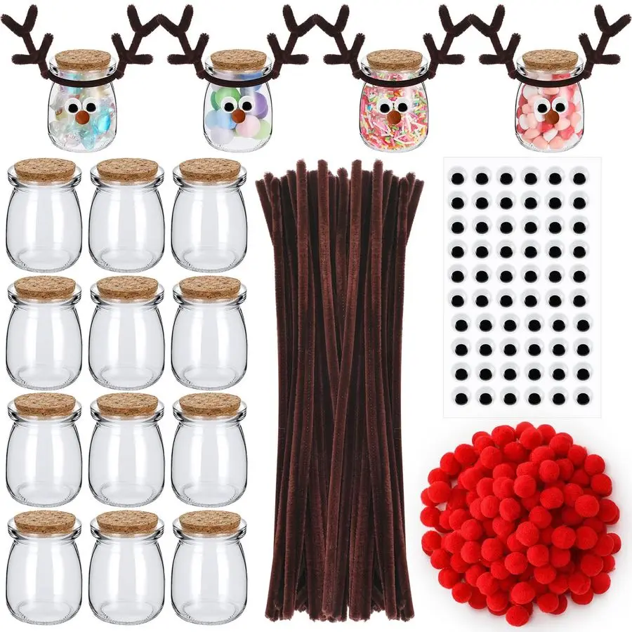 

24 Pack Christmas Craft Kit Xmas Reindeer Candy Jar Craft Kit Glass Bottles with Cork, Pipe Cleaners, Googly Eyes amp Pom Poms D
