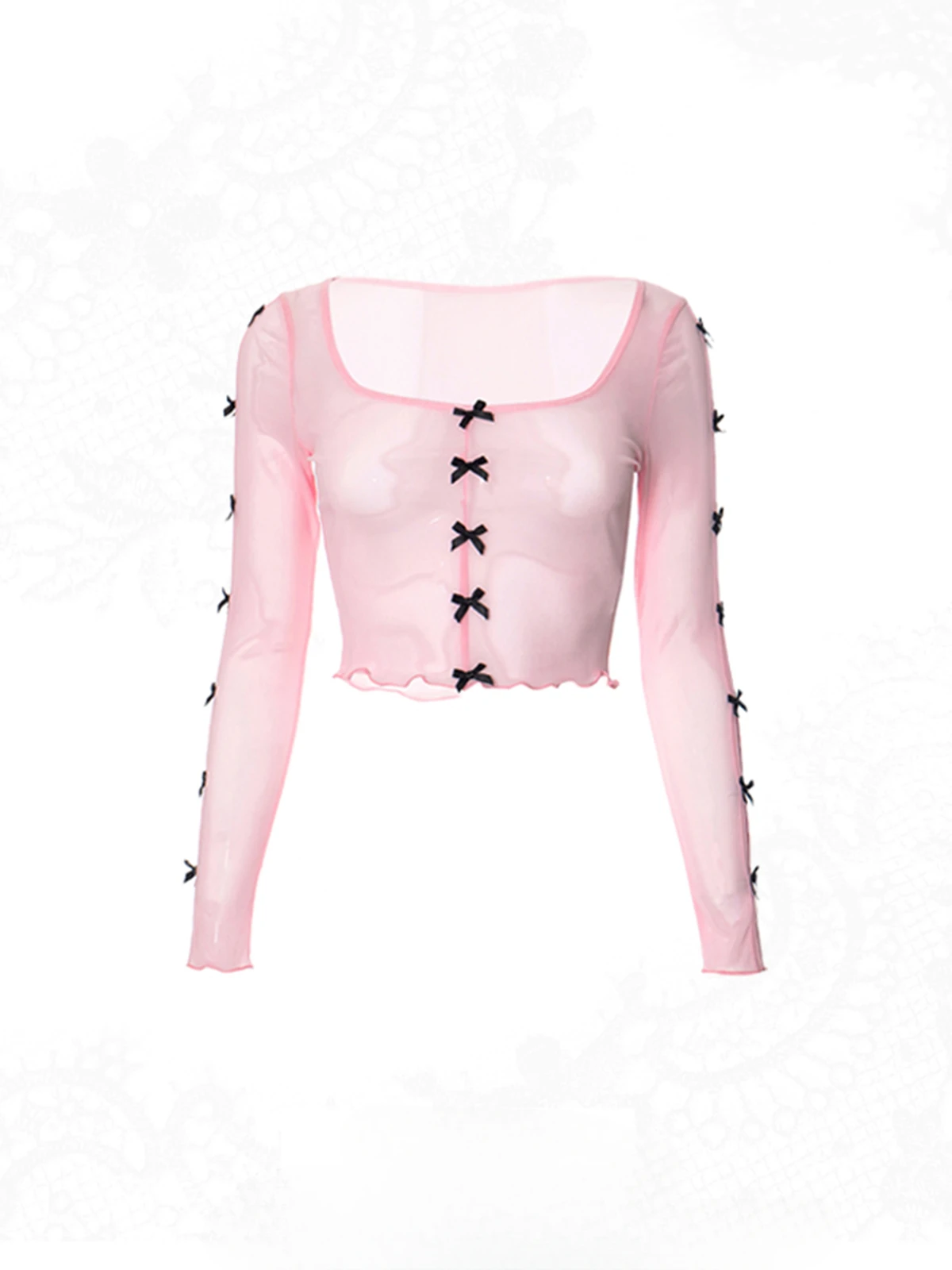 

Pure Desire Spicy Girl Style Hollowed Out Mesh Perspective Pink Top Street Short Butterfly Knot Long Sleeved T-shirt for Women