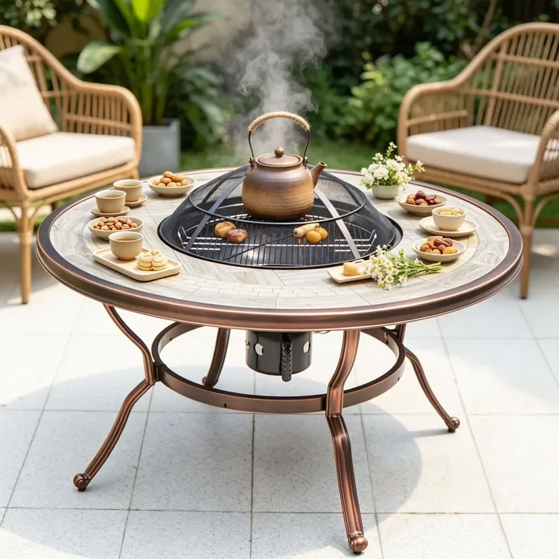 Outdoor Cast Aluminum Round Fire Pit Table Wood Grain Tile Top BBQ Charcoal Stove for Courtyard Patio Tea Heating