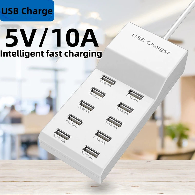 EU/US 10-Ports USB Charging charger cable set  Multi Port USB C  Charger for Cellphone Tablet Multiple Devices Extension Socket