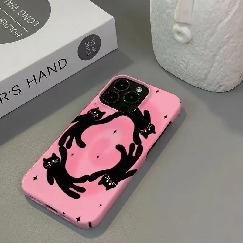 Korean INS Cartoon Dancing Cat Pink Background Phone Case for iPhone 16 15 14 13 Pro Max 12 Mini 11 Pro Plus Shockproof Cover