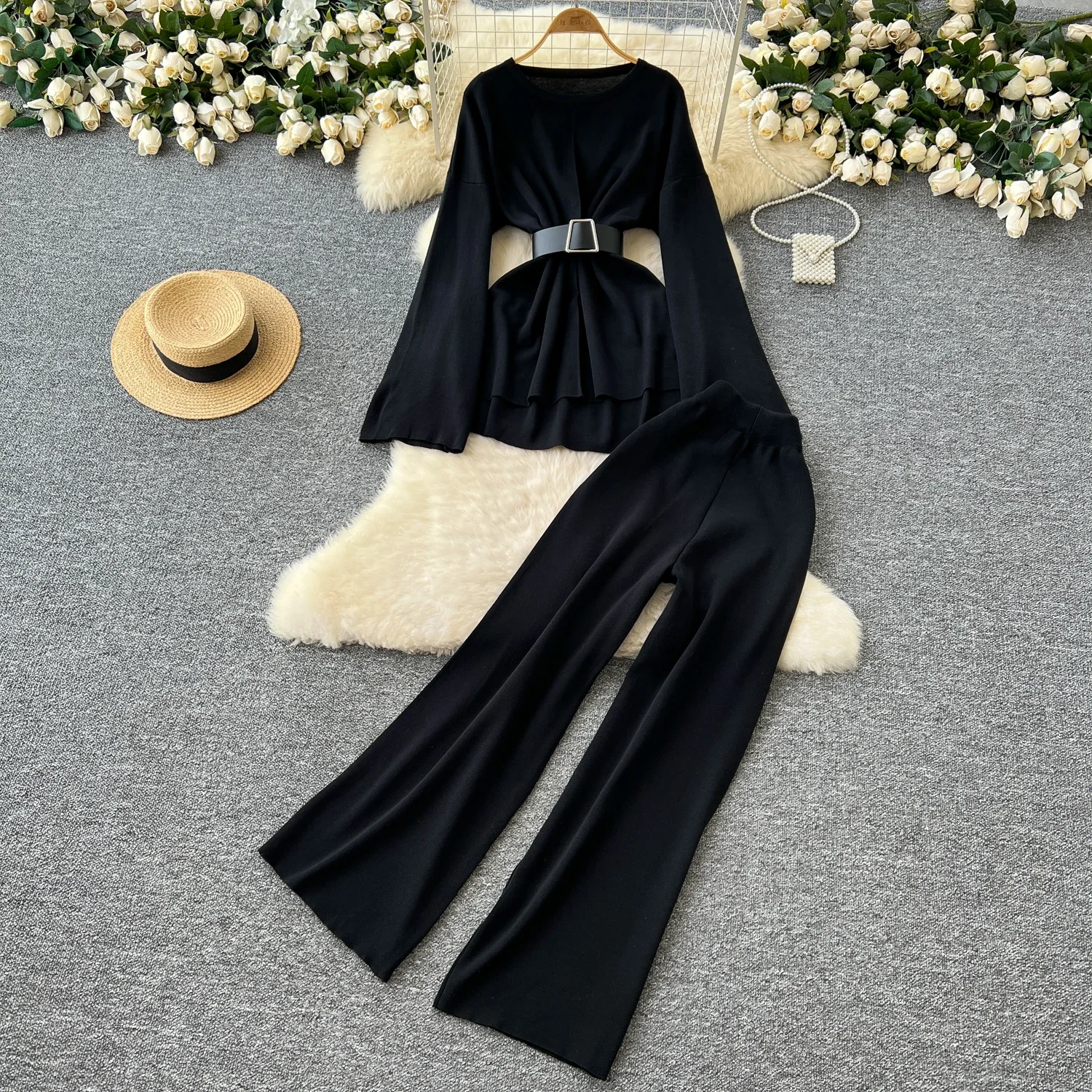 Chic Women Two-Piece Sets Long Sleeve O-neck Slim Sashes Top and High Waist Wide Leg Pants Korean Fashion Autumn Winter Clothing