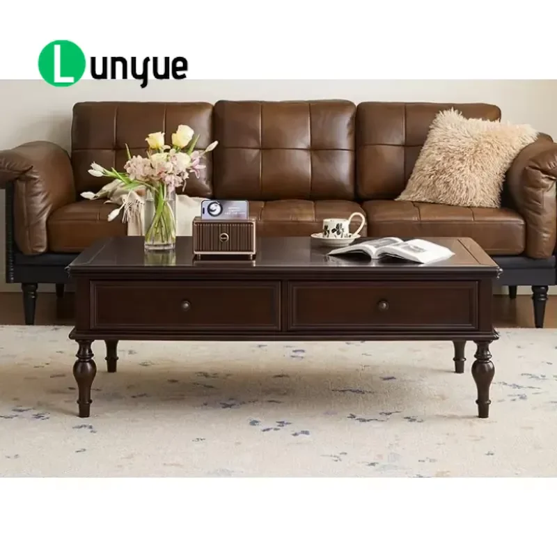 Retro Classic Solid Wood Coffee Table with Storage Durable Sturdy Antique Luxury Computer Desk for Home Living Room