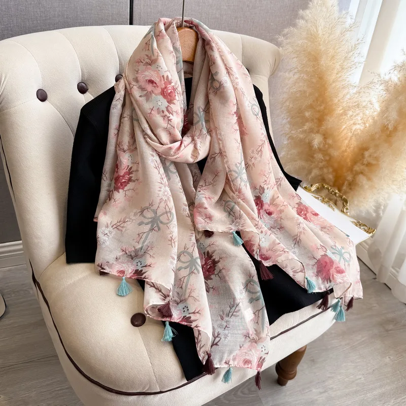 

New exotic printed cotton and linen silk scarf, summer thin travel decoration sunscreen shawl