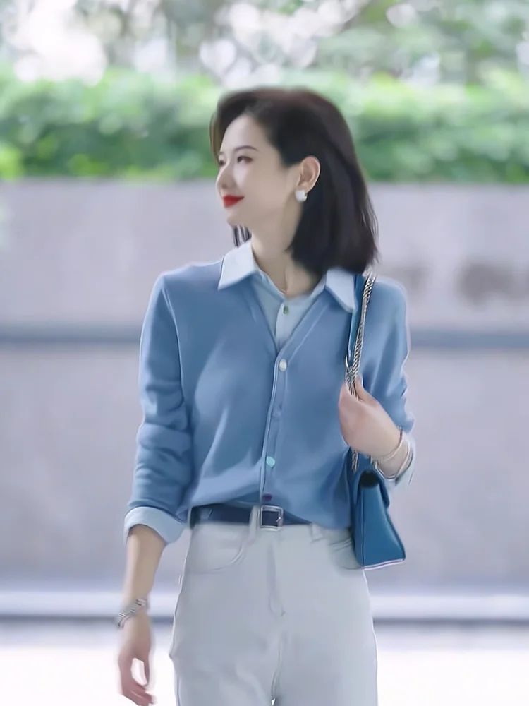 

Ele Вязаный открытый кардиган Color Blo Design Long Sve для похудения Европейский осенний топ для женщин 25-29 лет