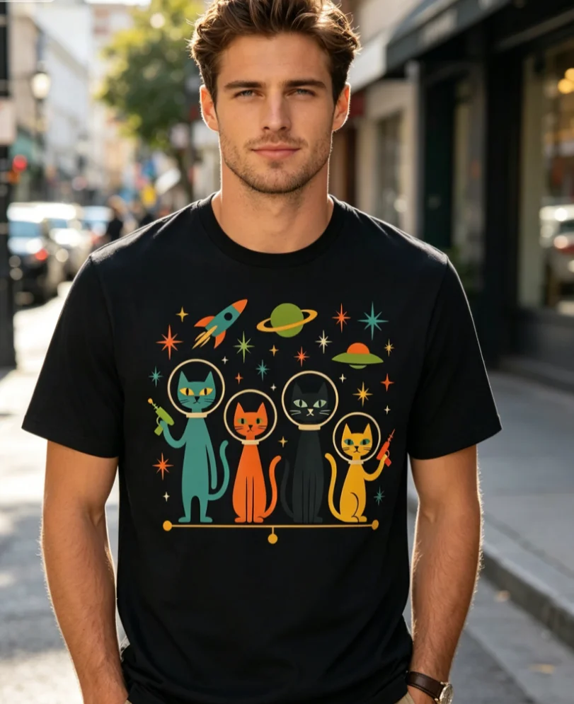 Vintage T-Shirt Featuring Space Cats Fashion Trend Couple T-shirt