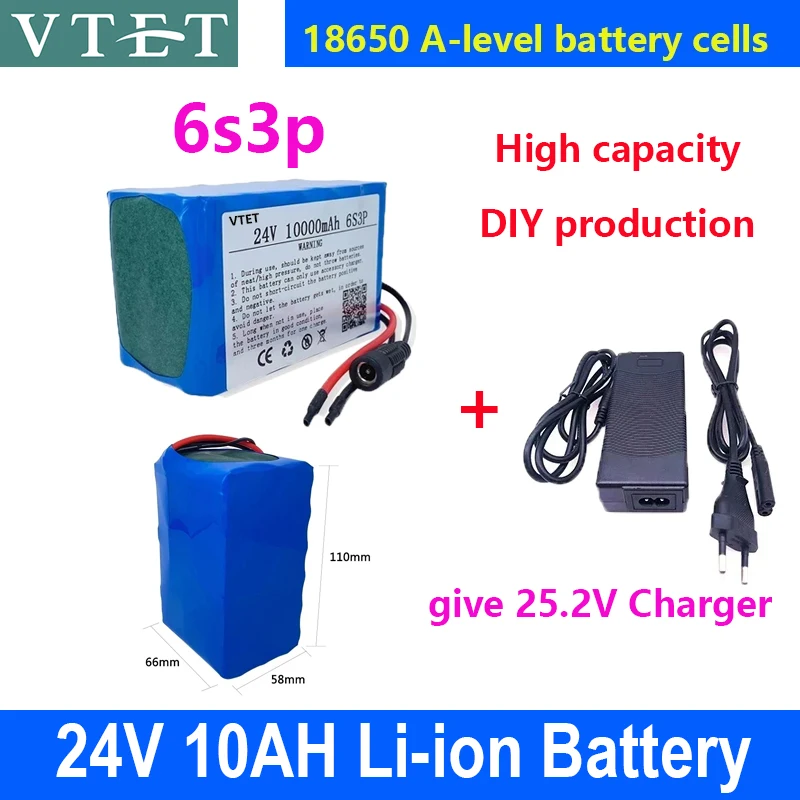 New 24V 6S3P 10Ah 18650 Li-ion Battery 10000mAh High Capacity Moped /Electric/Li Ion Battery Pack DIY Production+25.2V Charger