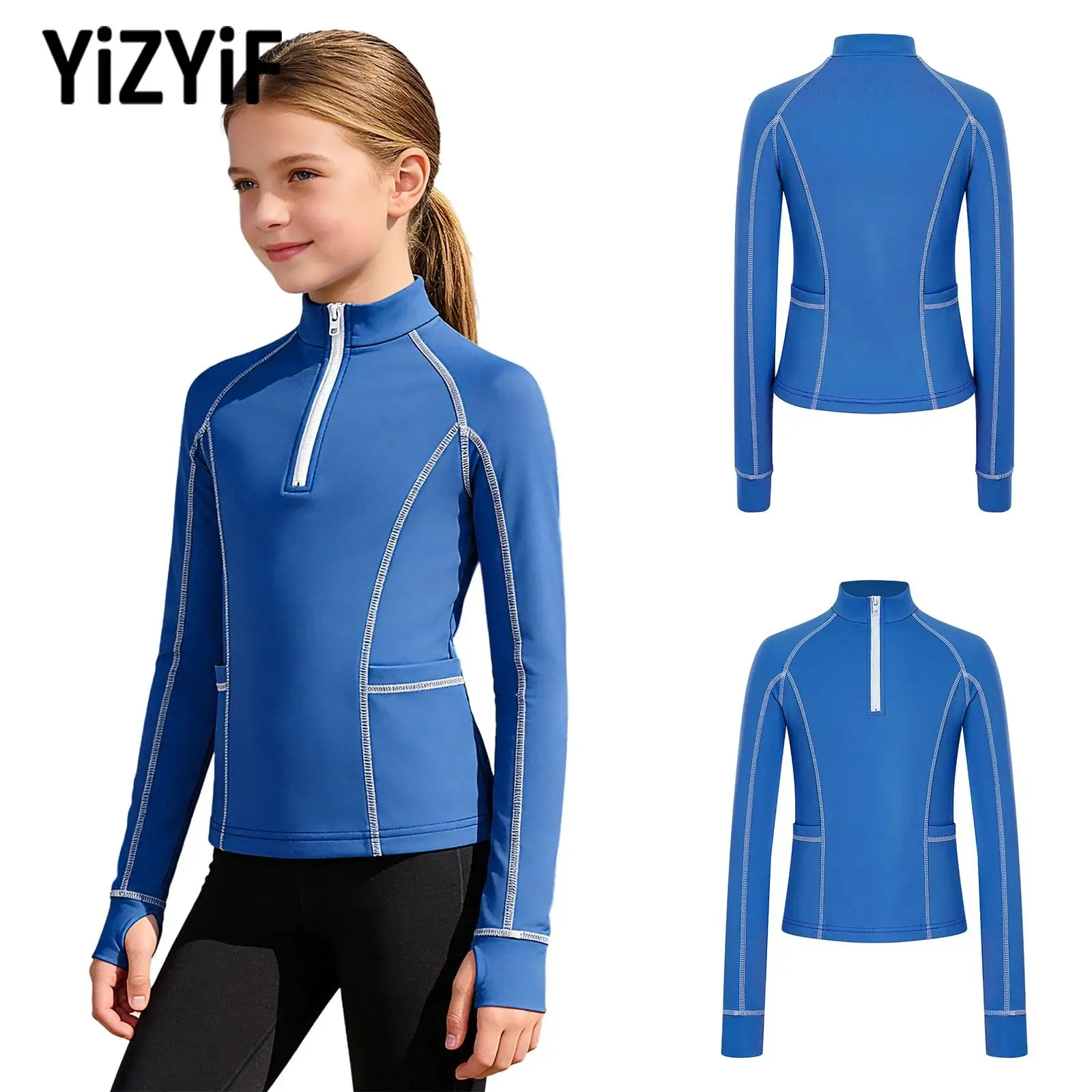 

Girls Sports Tops Horse Riding Shirt Kids Long Sleeves Thumb Holes Zip-Up Pullover Sweatshirt for Outdoor Cycling Riding Clothes