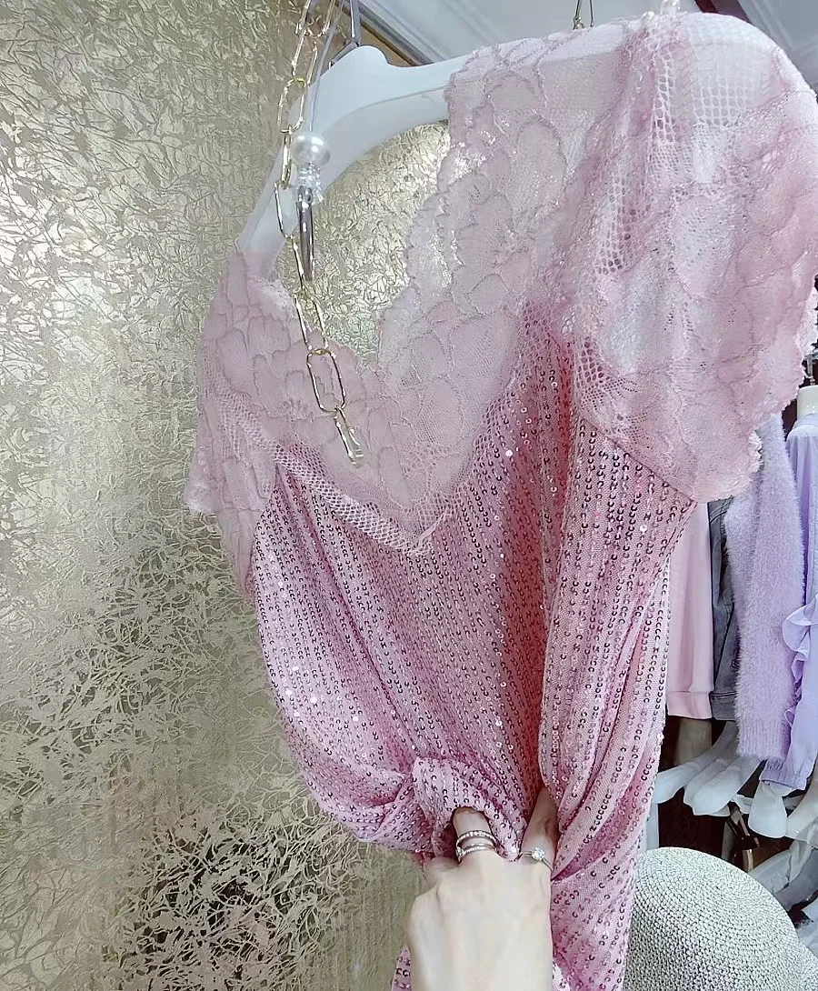 Luxury Beaded Tassels Stitch Pink Lace Sequined T Shirts For Women 2024 Summer Short Sleeve Tops Tees Tshirts Woman Clothing
