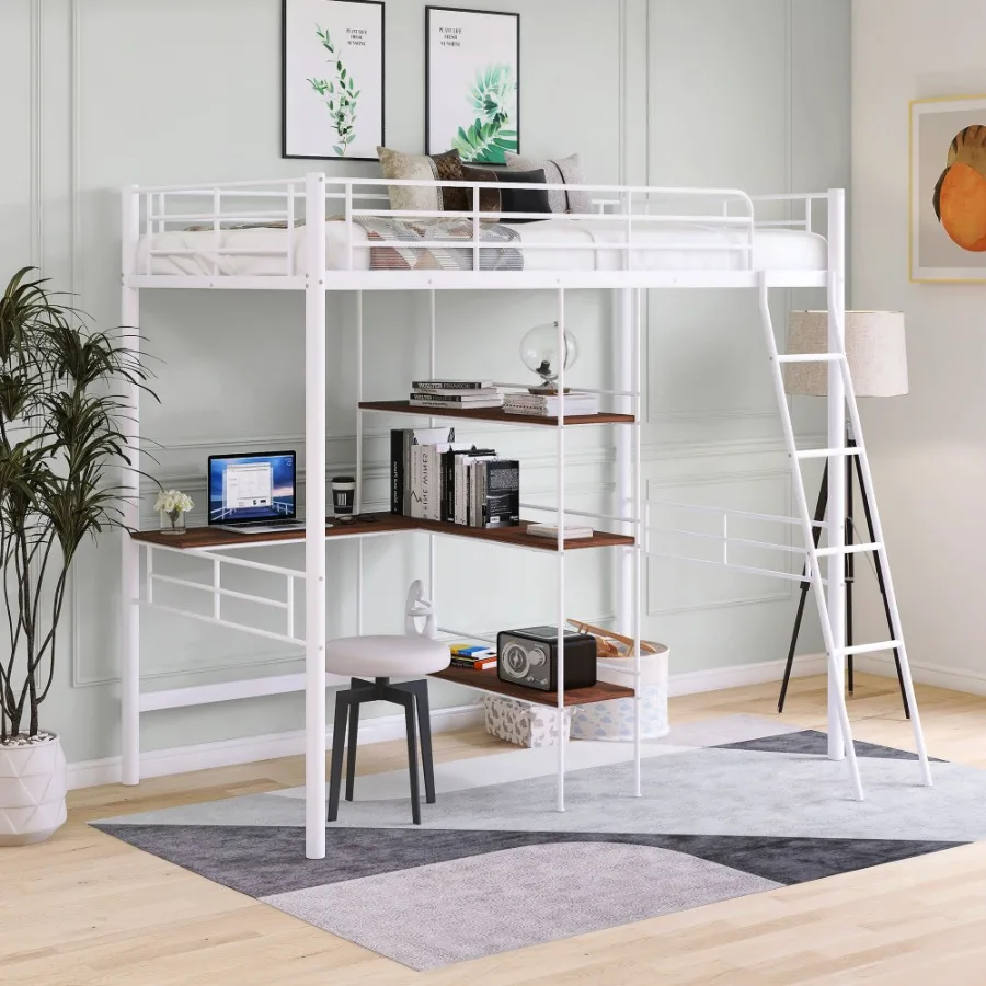 

Twin Size Metal Loft Bed and Builtin Desk and Shelves