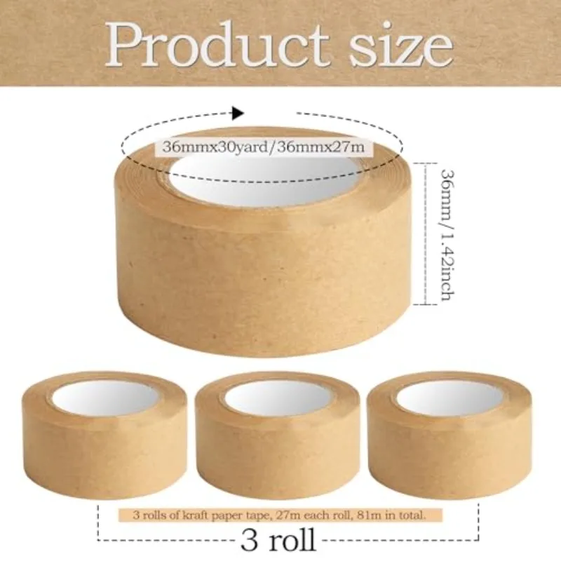 Heavy Duty 3-Pack Water Activated Kraft Paper Tape, Brown Gummed Adhesive Instant Strong Bond for Framing Packaging