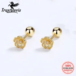 TrustDavis Real 925 Sterling Silver Screw Stud Earrings Flower Shiny CZ Earrings For Women Wedding Party Fine Jewelry DA2556