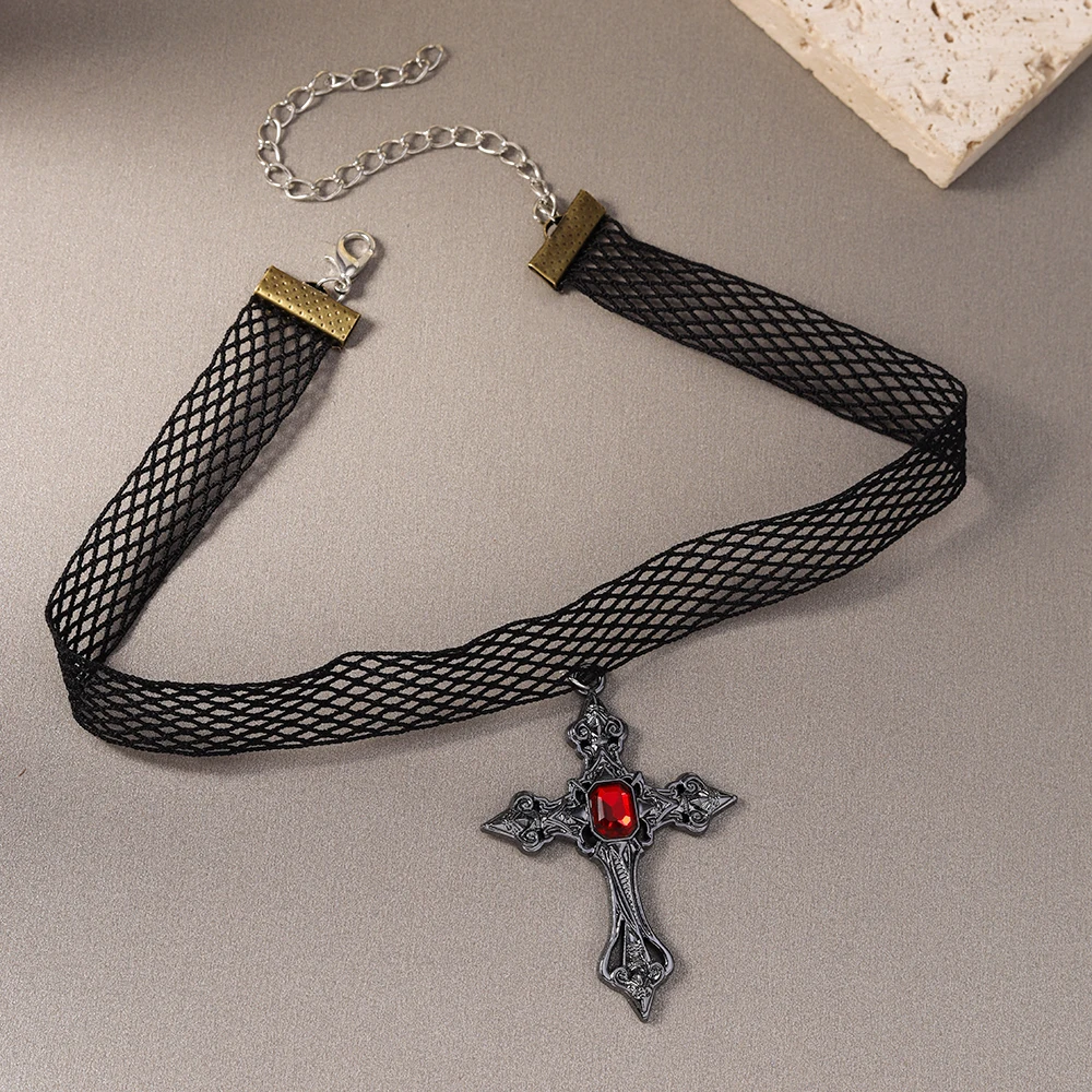 Aihua Neo-Gothic Victoria Kreuz Halskette für Frauen Vintage Ästhetik Grunge Y2K Spitzenhalskette Choker Schmuck Geschenke – Detail 8