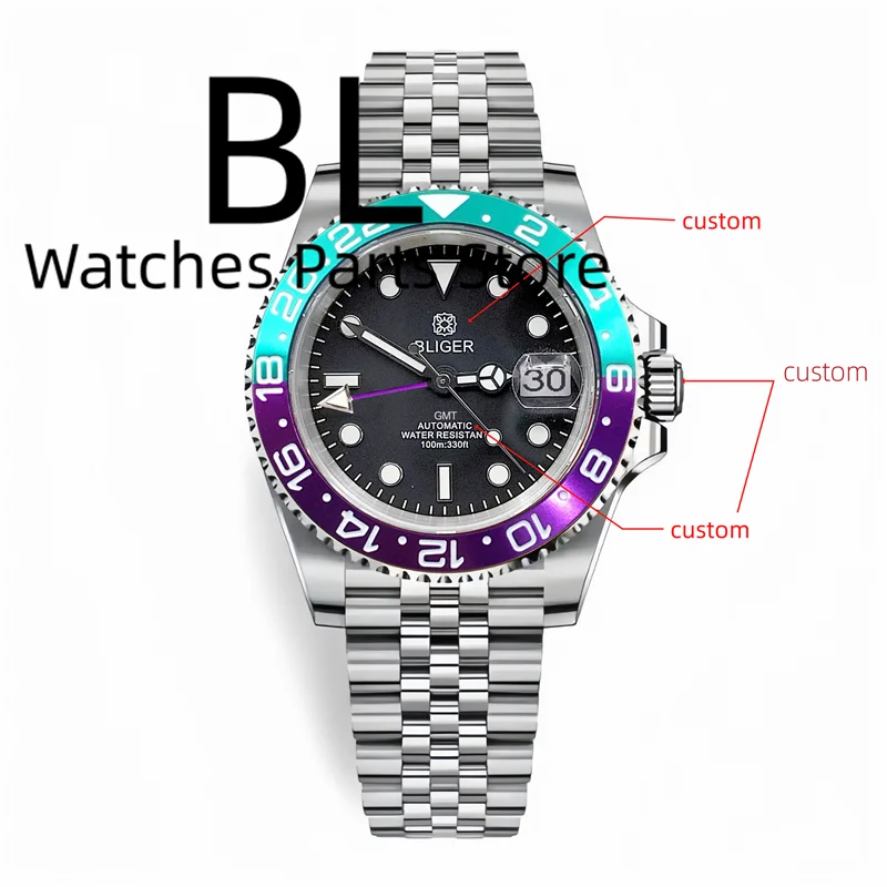 

BLIGER Custom Logo 40MM Sapphire GMT Mechanical Men's Watch Ceramic Bezel 10Bar Luminous New End Link Glide Lock Bracelet Reloj