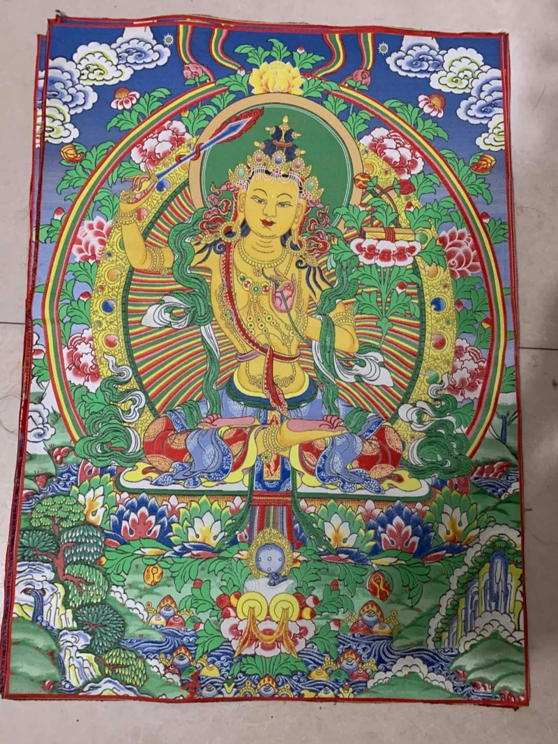 

China Old silk embroidery painting Tibetan Buddhist Thangka Manjushri Bodhisattva Religious Wall Hanging Art Home Decor mural