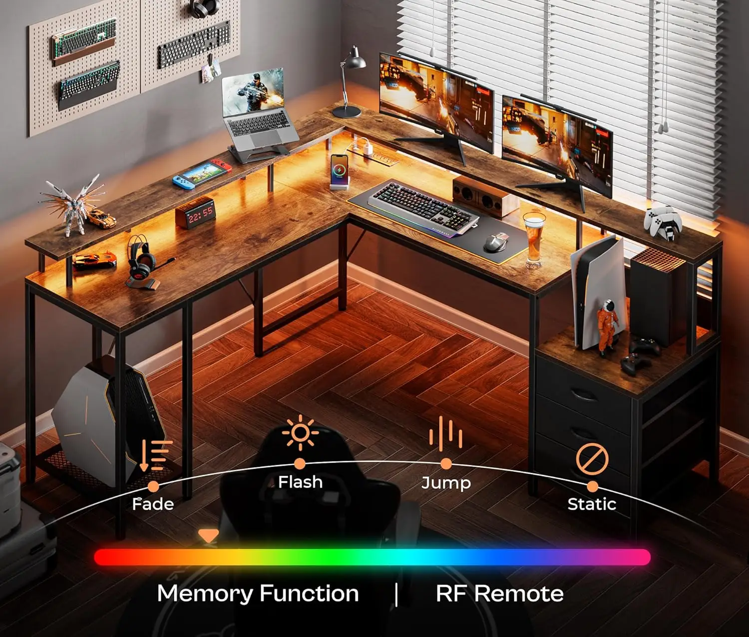 طاولة ألعاب على شكل حرف L مع أضواء LED ومآخذ طاقة، ومكتب كمبيوتر مع أدراج، وطاولة زاوية مقاس 66.1 بوصة