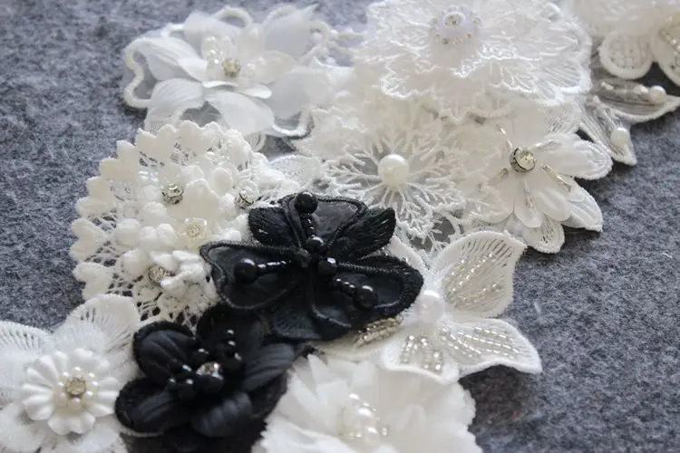 White 3D Flowers Beads Embroidery Lace Applique Trim Ribbon Collar Neckline Dress Clothes, Decorated Sewing Supplies, 5Pcs