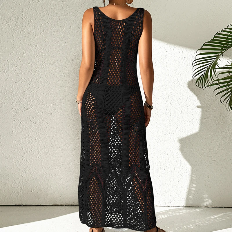 Frauen U-Kragen einfarbig Kleid stricken hohl sexy Bikini vertuschen Strand urlaub Sonne Bad Sonnencreme langes Kleid