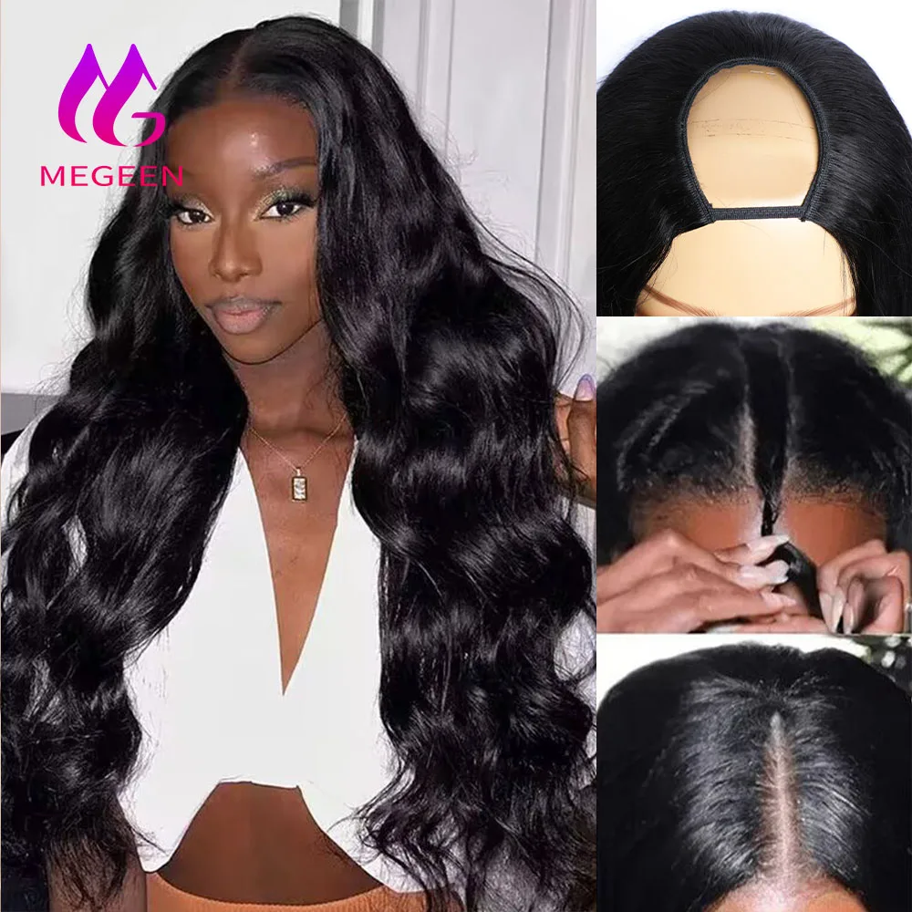 Megeen Body Wave U Part Wig Human Hair Brazilian Virgin Hair Machine Wig For Women Easy Install Small Leave Out 28 Inch 1B Black