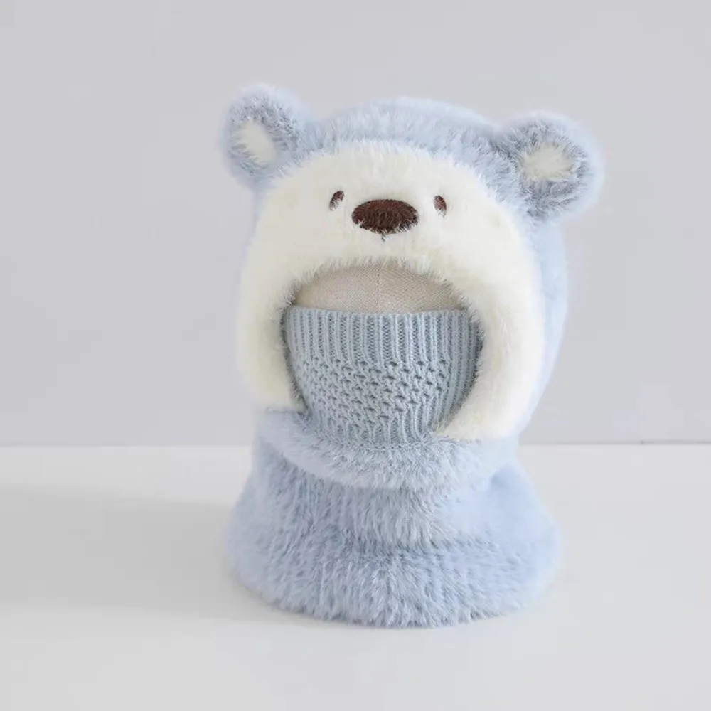 Polyester Kids Bear Hat Scarf Set Ear Protection Windproof Integrated Scarf Mask 46-52CM Face Covering Thick Warm Earflap Hat