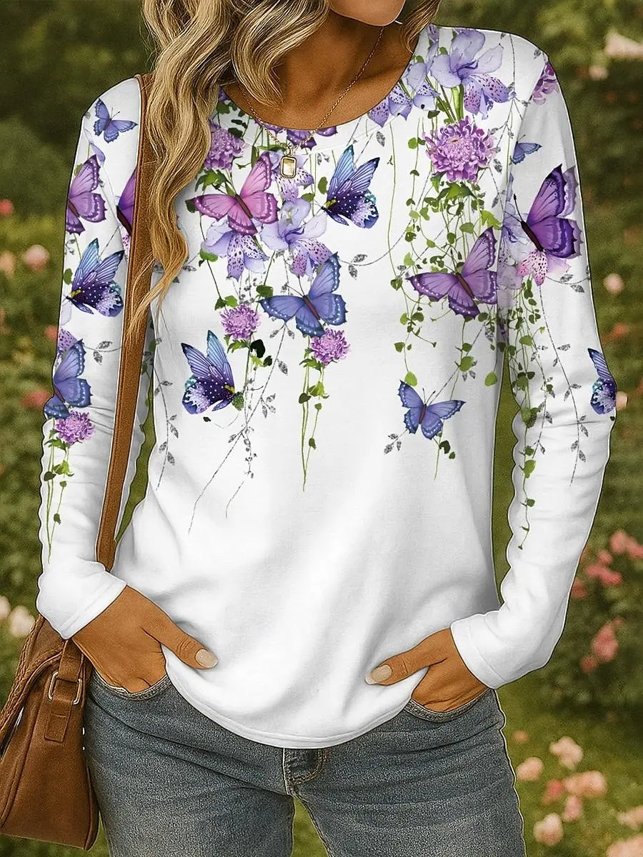 Women's 3D Butterfly Print T-shirt Fashion Long Sleeve Round Neck Regular Tops Holiday Weekend Spring and Autumn