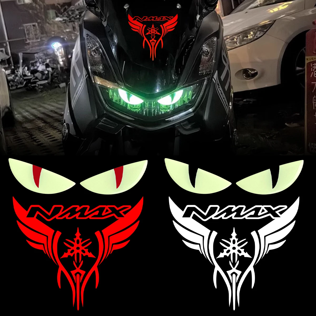 For Nmax NMAX 155 125 NMAX155 NMAX125 3D Gel Luminous Devil Eyes Motorcycle Stickers With 1 PCS Vinyl Decals Accessories SET