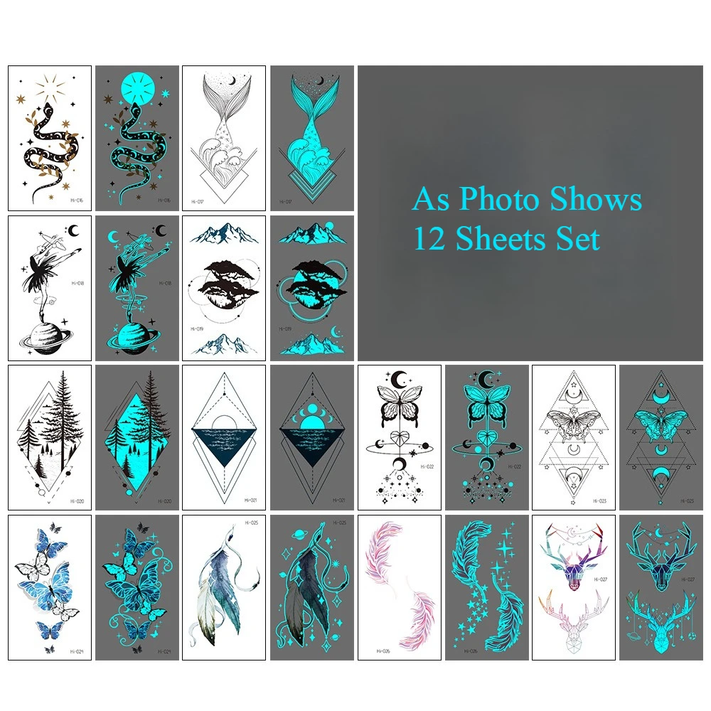 

Набор из 12 светящихся временных татуировок для рук и лица: змеи, бабочки, электрические символы, для вечеринок