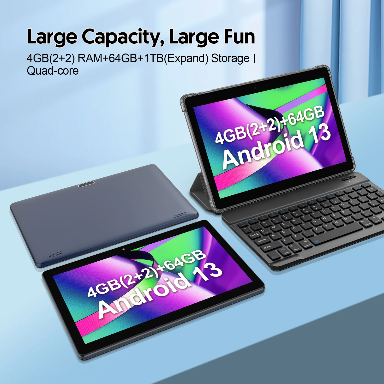 Tavoletta Android BAKEN da 10,1 pollici, processore quad-core, 4 (2+2) GB+64 GB, memoria espandibile da 1 TB (è necessario acquistare separatamente), W