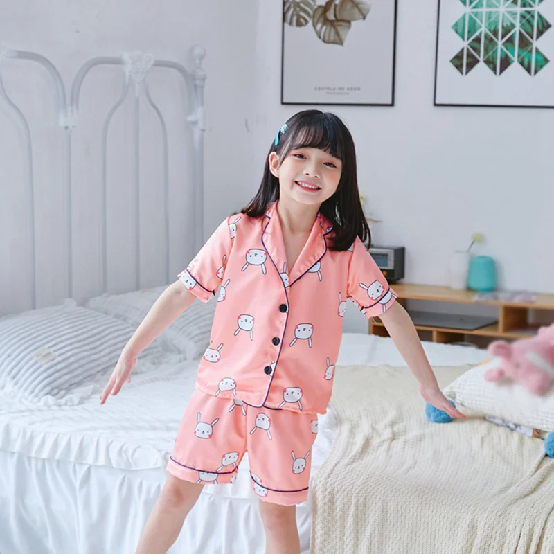 1-6T Summer Children Pajamas for Boys and Girls Sleeping Clothes Sets Cute Cartoon Printed Ice Silk Shirt Top + Pants Sleepwear