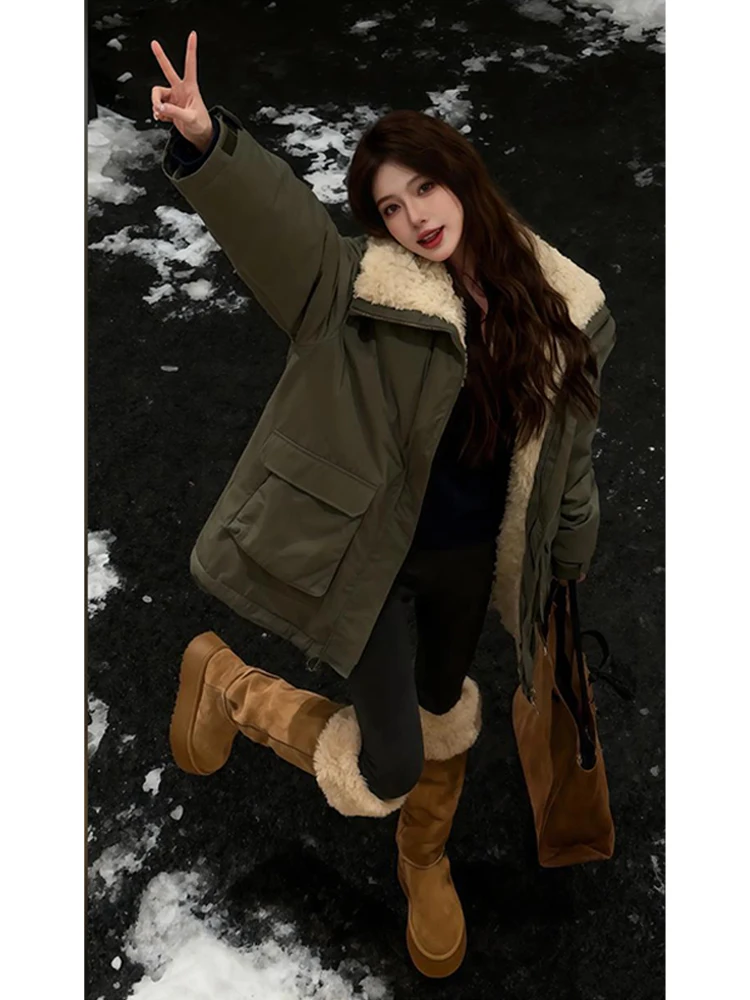 

Lamb Fur Jaet Women's Thiened Winter New Sle Workwear Cotton Coat Windbreaker Slimming ort Size Coat Zipper Closure