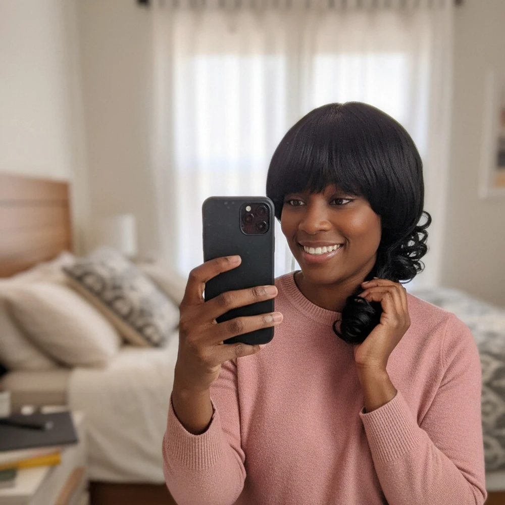 

Короткий волнистый парик из человеческих волос, парик с стрижкой пикси с челкой, 8,75 дюйма, бразильские волосы Remy, натуральный черный, предварительно выщипанный, полностью машинная кепка