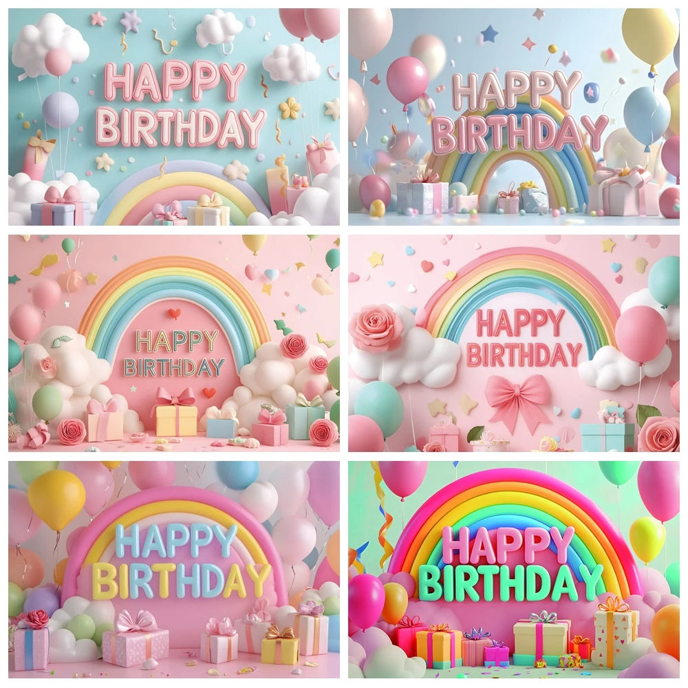 

Happy Birthday Rainbow Balloon Photography Backdrop 3D Balloon Arch Rainbow Macaron Girl Boy 1st Birthday Party Photo Background