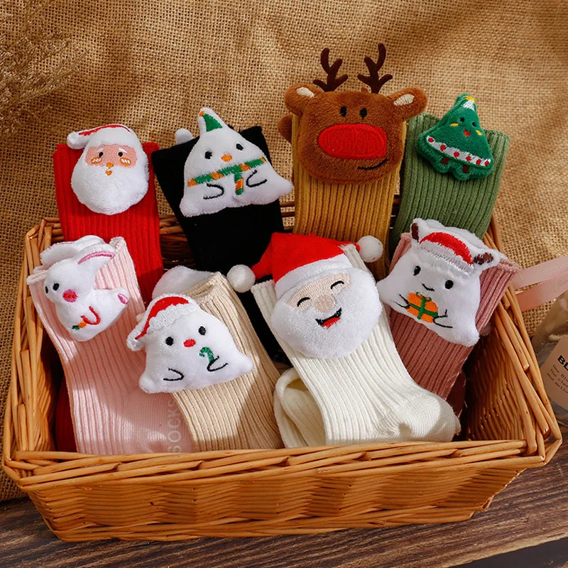 0-36M Toddler Baby Winter Mid-calf Socks Non Slip Christmas Cartoon Doll Socks for Bedroom, Living Room