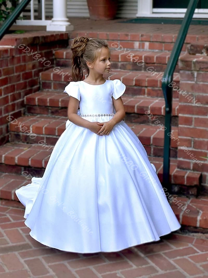 웨딩용 비즈 장식 새시 새틴 리본 공주 드레스, 맞춤형 어린이 성찬 파티 볼 가운, 캡 슬리브 플라워 걸 드레스