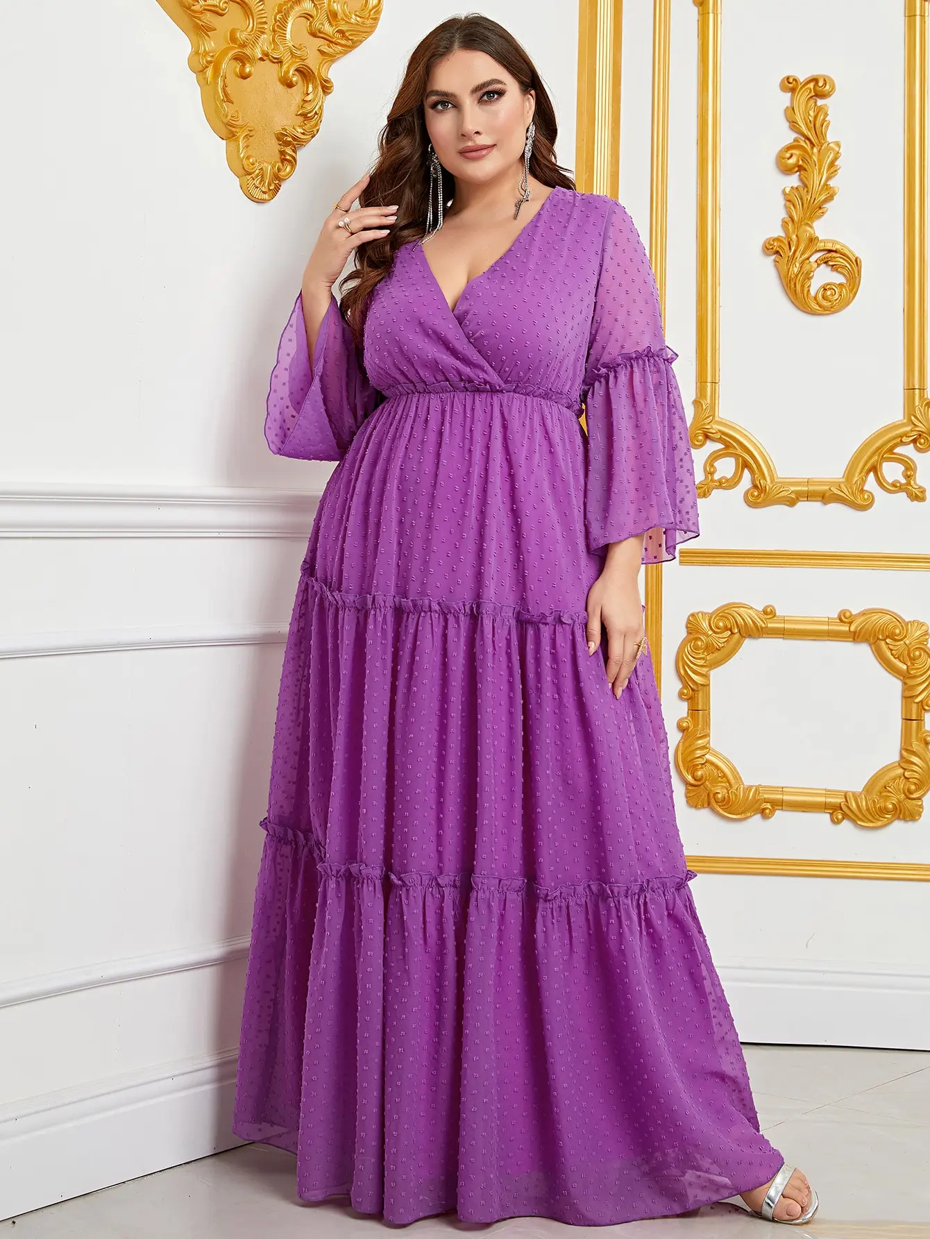 Plus Elegant V Neck Long Sleeve Dresses