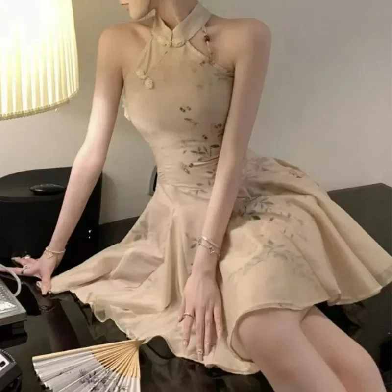 Femmes Style chinois Vintage Sexy licou sans manches Mini robe été col montant taille haute mince élégant robes de soirée robes