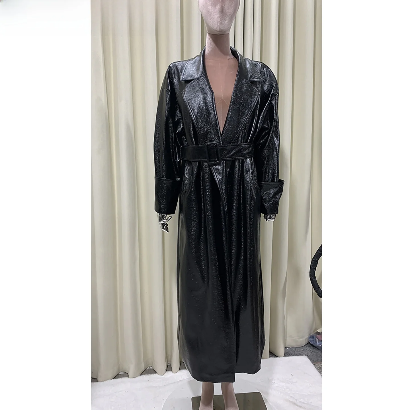 

Nerazzurri Women's Long Bla Soft Leather Jaet Ele Sle Unique Design High Quali PU Leather Windbreaker Coat