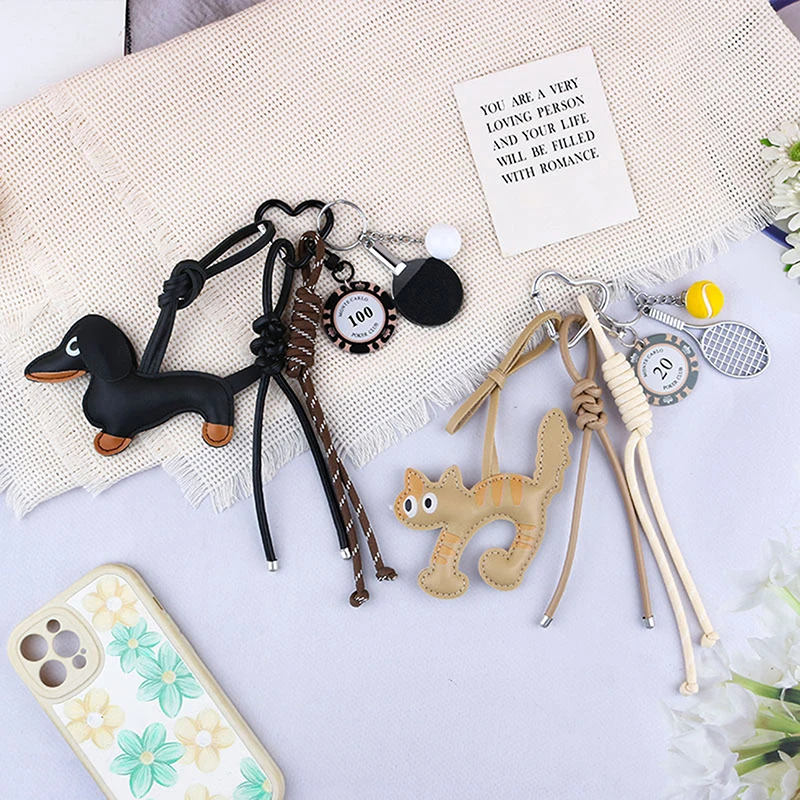 Vintage Cute Autumn Winter Leather Sausage Dog Cat Keychain Bags Pendant For Men Women Fashion Versatile Mobile Phone Chain Gift