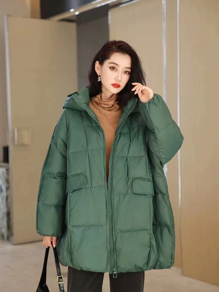 2023 Off Season New Down Jacket Women\'s Medium Long Hooded Large Loose Korean Thickened White Duck Down Winter Coat