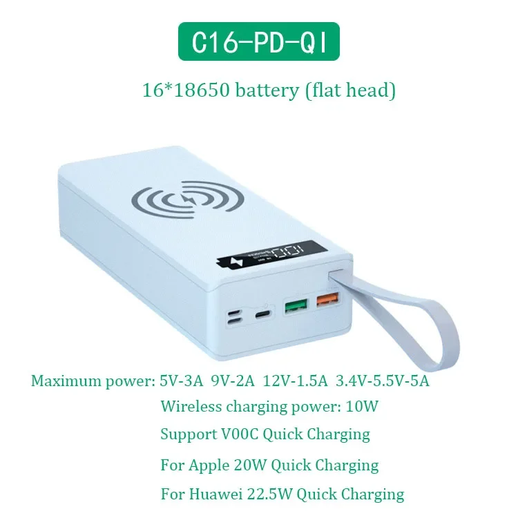 Detachable 16*18650 Battery Charger Box DIY Power Bank Shell Support Quick & Wireless Charging Powerbank Case without Battery