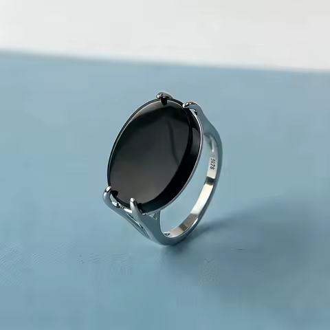 S925 Sterling Silver Natural Large Black Agate Stone Ring 13*18mm Oval Shape Vintage Black Rings Fine Jewelry For Men