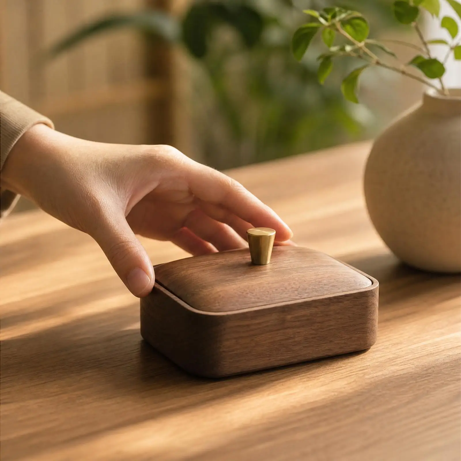 Black Walnut Wood Desktop Organizer Box with Secure Lid Brass Knob for Swabs Floss and Small Bathroom Items