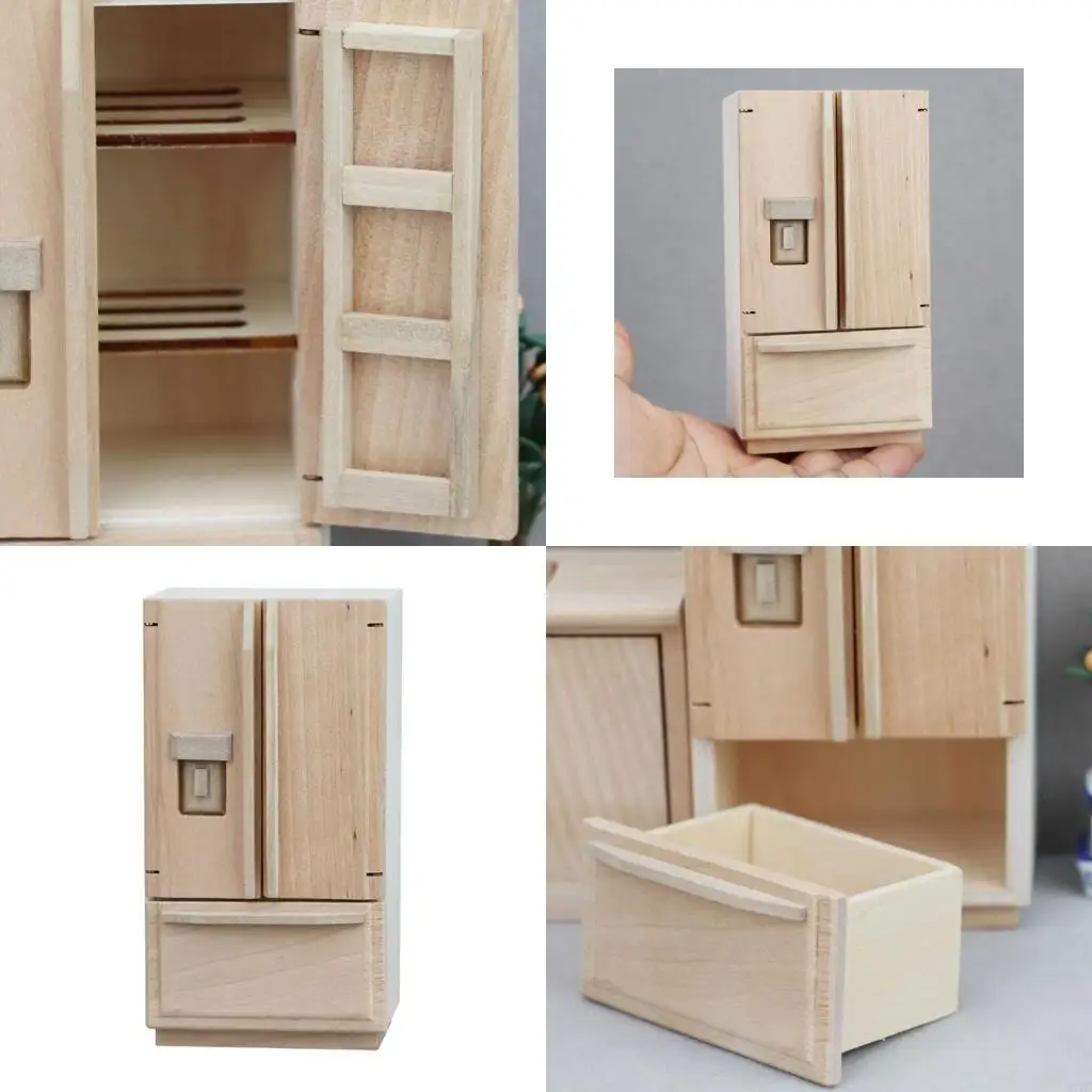 

97BC Miniature Wooden Refrigerator Double Door Unpainted Fridge Furniture For Dollhouses Decors Great For Collectors And Kids