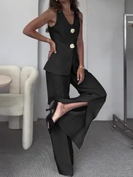 Office V Neck Sleeveless Vest Pants Suits, Women Spring Summer Buttons Elegant Outfit, 2025 Vintage Wide Leg Pants Ladies Sets