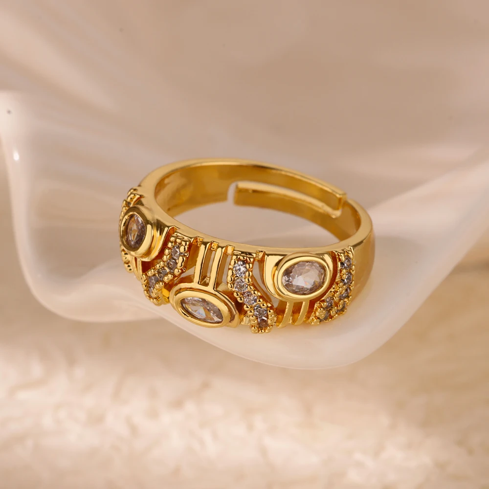 Geometric Zircon Chunky Wide Rings for Women Stainless Steel Gold Color Adjustable Ring Aesthetic Wedding Fashion Jewelry Gift