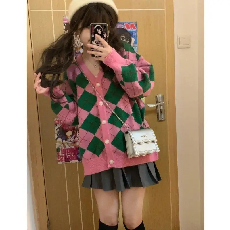 Autumn 2023 New Cool and Cute College Style Fashion Suit Plaid V-neck Cardigan Knitted Sweater Skirt Two-piece Set